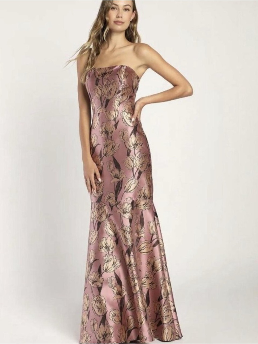 Lulus mauve floral jacquard strapless maxi dress
